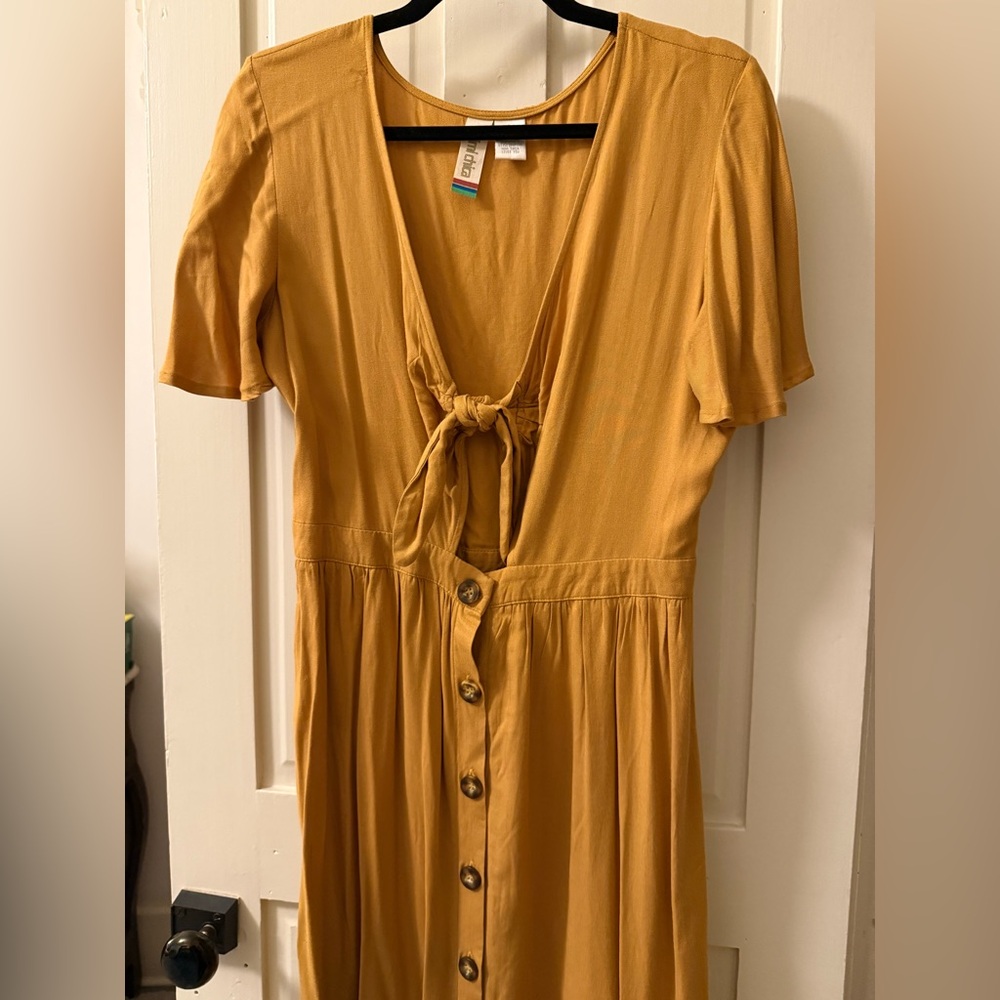 Yellow Tie Front Buttoned Midi Sundress